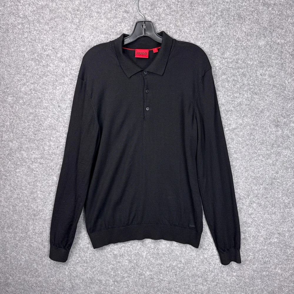 Hugo Boss Polo Sweater XL Black 100% Virgin Wool Long Sleeve Knit Logo